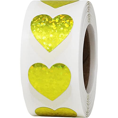 黄色い輝きのハートのステッカー 19 mm 3/4 インチの光沢のあるバレンタインデーのホログラフィック ラベル 500 のパック