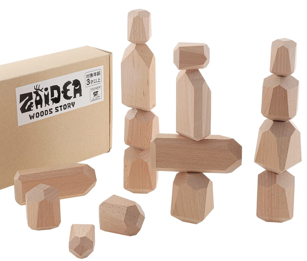 16ピース 多角形 木製 積み木 石積み 立方体 セット 無塗装 つみき 高級 おもちゃ 知育 玩具 プレゼント ブロック (無塗装16ピース)