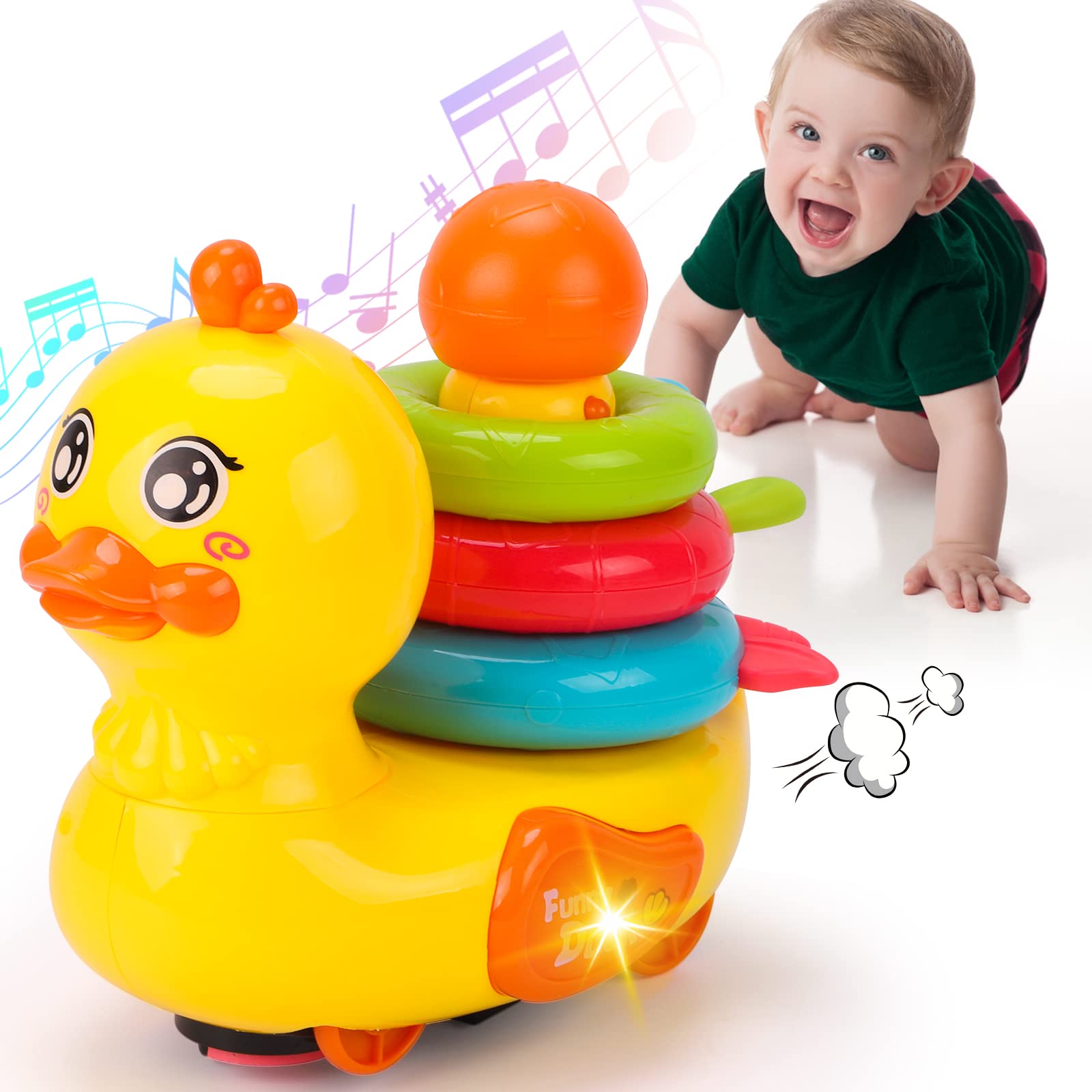 Qizebaby 赤ちゃん・幼児のおもちゃ、音楽這うダック、シミュレーションダックおもちゃ、自動的に障害物を回避する、スタッキングトイ、