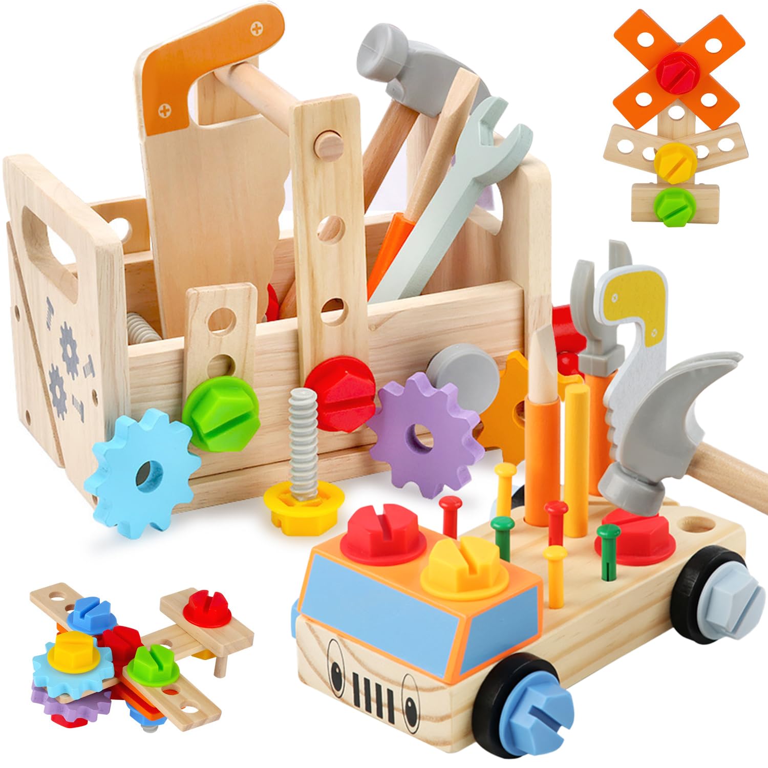 Jecimco 大工さん おもちゃ 木製 2in1 子供 知育玩具 DIY 組み立て おもちゃ セット 男の子 女の子 工具セット ままごと ごっこ遊